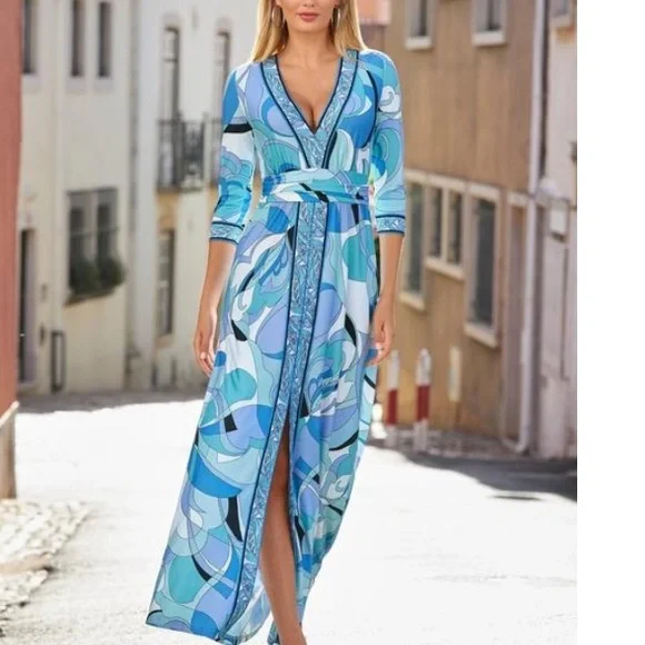 Boston Proper | Dresses | Ocean Print Center Slit Maxi Dress Blue Multi Xxs  | Poshmark